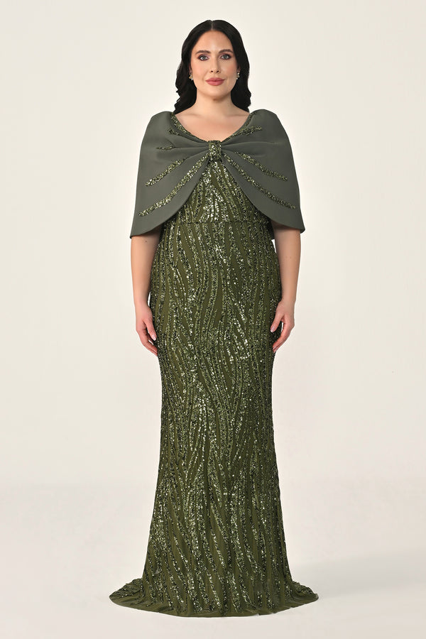 Sequin Long Dress with Shawl Accessory on Shoulder