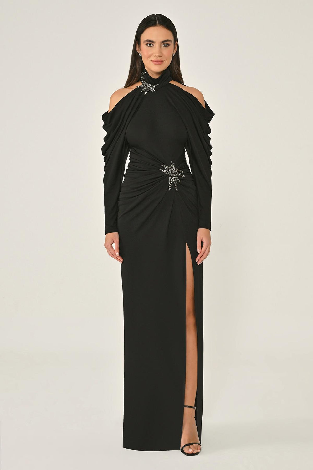 Off-the-Shoulder Neckline and Waist Accessory Crepe Long Dress
