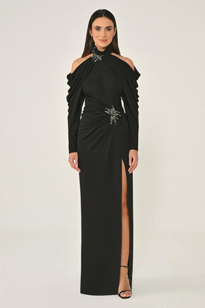 Off-the-Shoulder Neckline and Waist Accessory Crepe Long Dress
