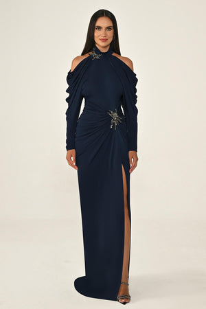 Off-the-Shoulder Neckline and Waist Accessory Crepe Long Dress