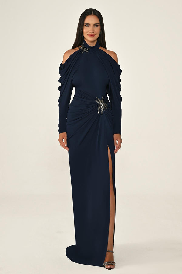 Off-the-Shoulder Neckline and Waist Accessory Crepe Long Dress