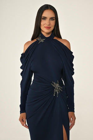Off-the-Shoulder Neckline and Waist Accessory Crepe Long Dress