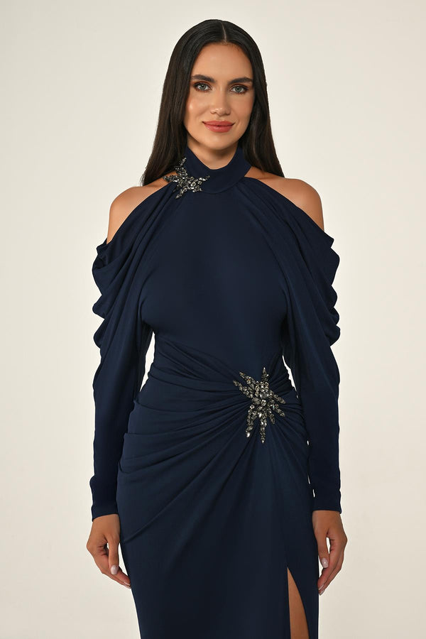 Off-the-Shoulder Neckline and Waist Accessory Crepe Long Dress
