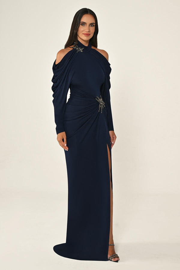 Off-the-Shoulder Neckline and Waist Accessory Crepe Long Dress