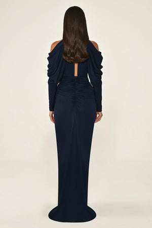 Off-the-Shoulder Neckline and Waist Accessory Crepe Long Dress