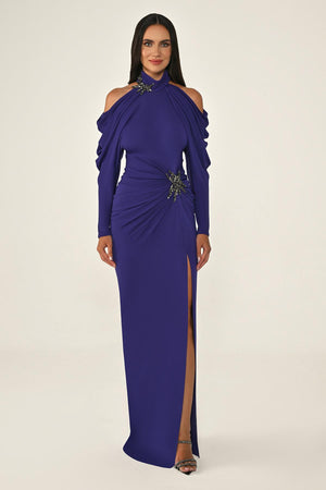 Off-the-Shoulder Neckline and Waist Accessory Crepe Long Dress