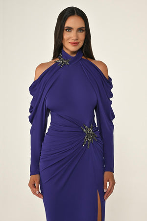 Off-the-Shoulder Neckline and Waist Accessory Crepe Long Dress