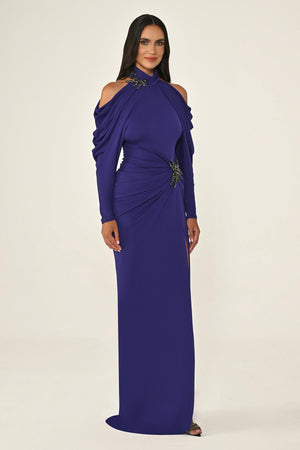 Off-the-Shoulder Neckline and Waist Accessory Crepe Long Dress