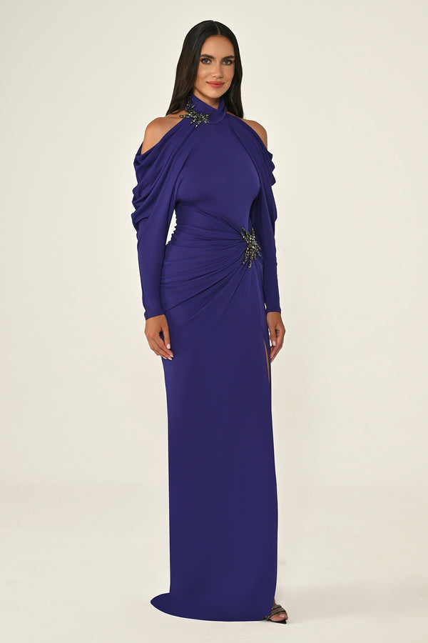 Off-the-Shoulder Neckline and Waist Accessory Crepe Long Dress