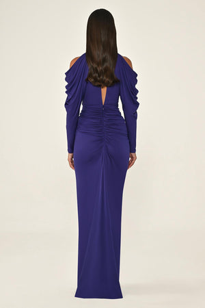 Off-the-Shoulder Neckline and Waist Accessory Crepe Long Dress