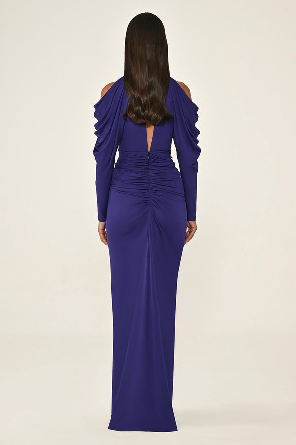 Off-the-Shoulder Neckline and Waist Accessory Crepe Long Dress