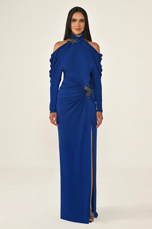 Off-the-Shoulder Neckline and Waist Accessory Crepe Long Dress