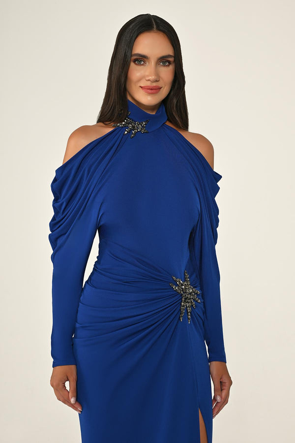 Off-the-Shoulder Neckline and Waist Accessory Crepe Long Dress