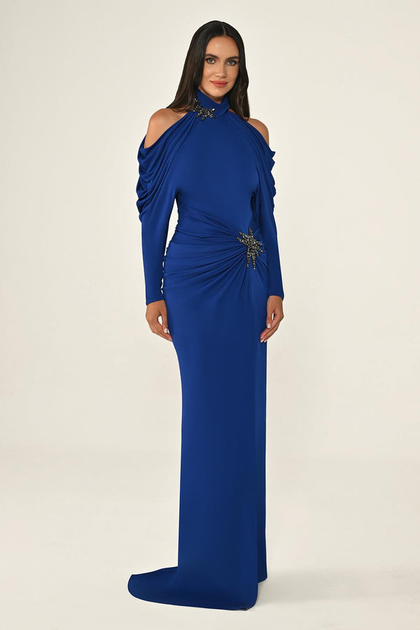 Off-the-Shoulder Neckline and Waist Accessory Crepe Long Dress