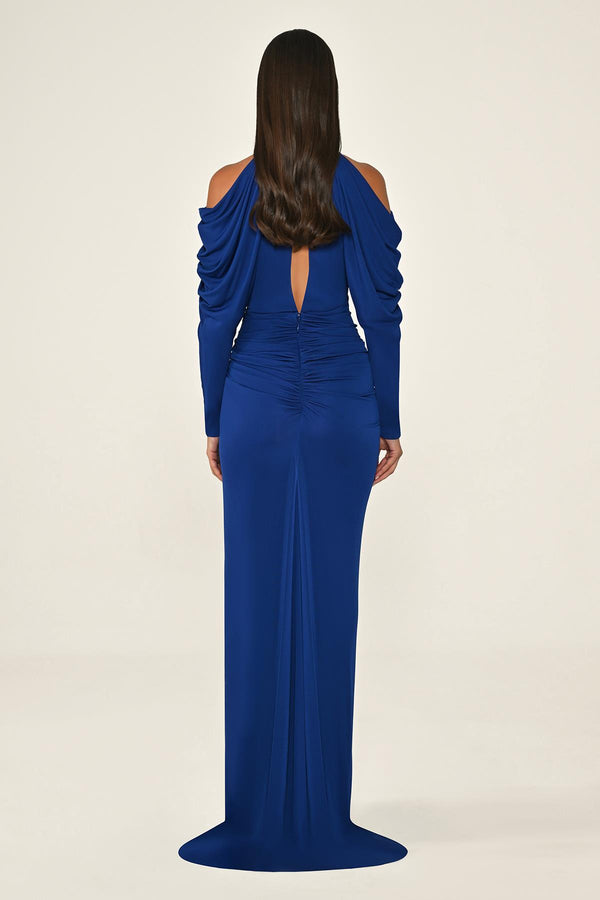 Off-the-Shoulder Neckline and Waist Accessory Crepe Long Dress