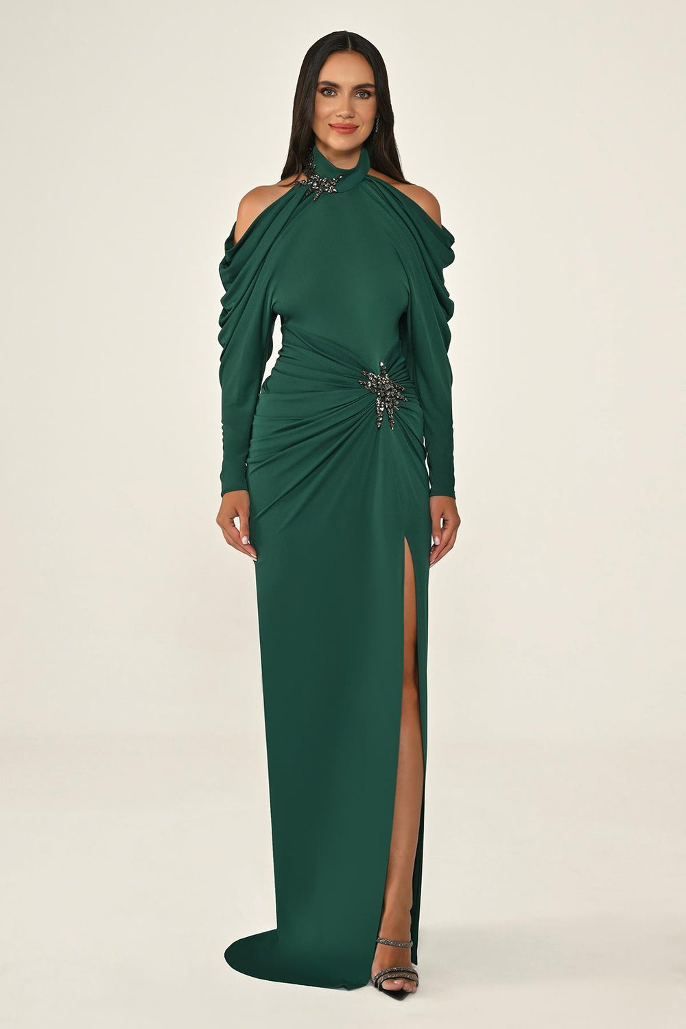 Off-the-Shoulder Neckline and Waist Accessory Crepe Long Dress