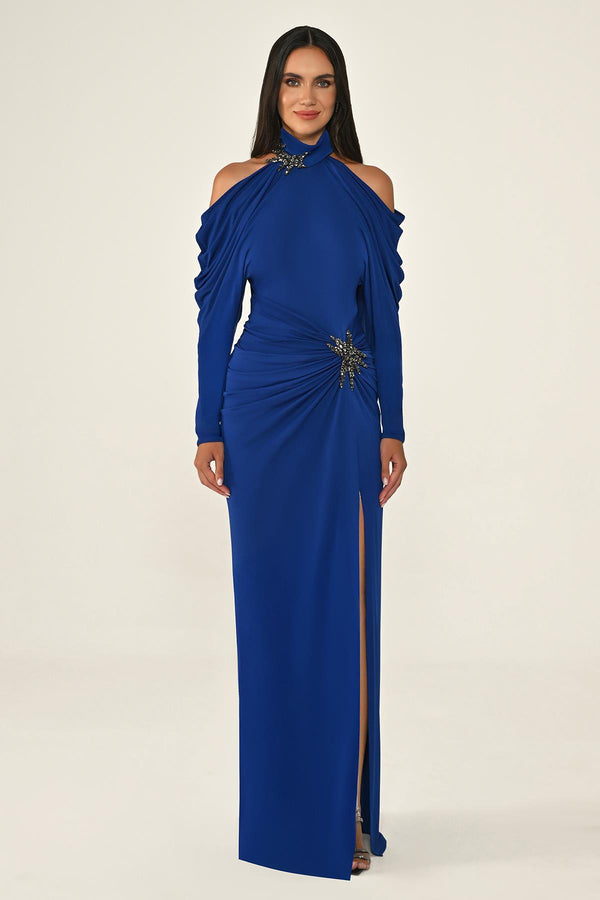 Off-the-Shoulder Neckline and Waist Accessory Crepe Long Dress