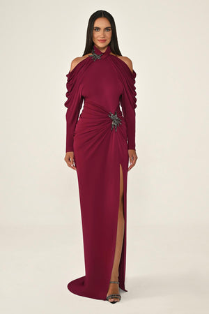 Off-the-Shoulder Neckline and Waist Accessory Crepe Long Dress
