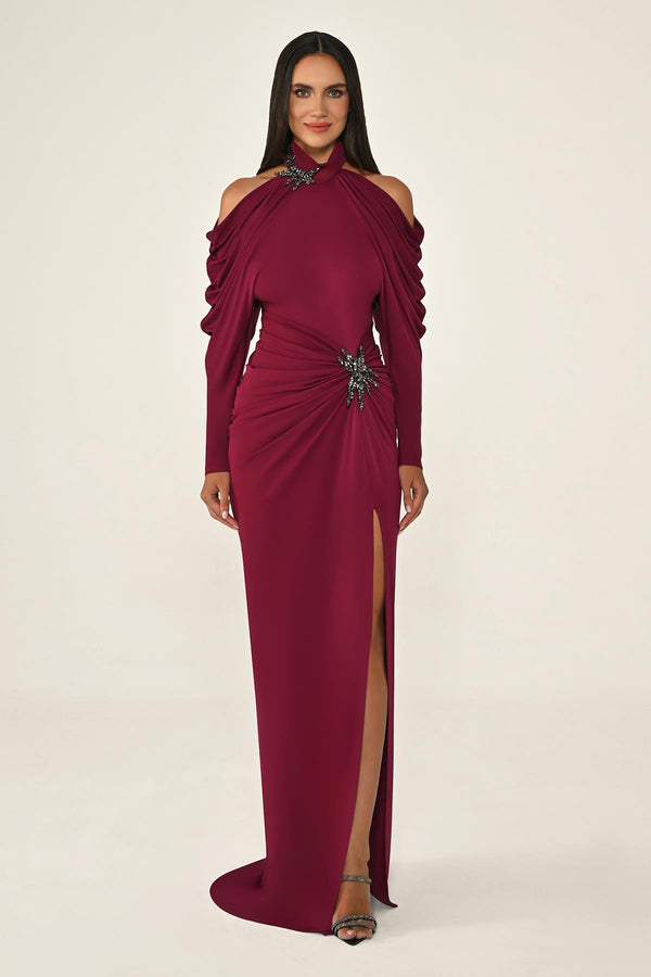 Off-the-Shoulder Neckline and Waist Accessory Crepe Long Dress