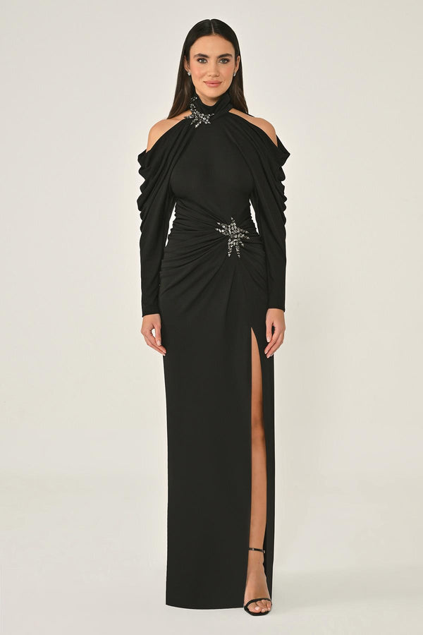 Off-the-Shoulder Neckline and Waist Accessory Crepe Long Dress