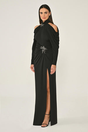 Off-the-Shoulder Neckline and Waist Accessory Crepe Long Dress