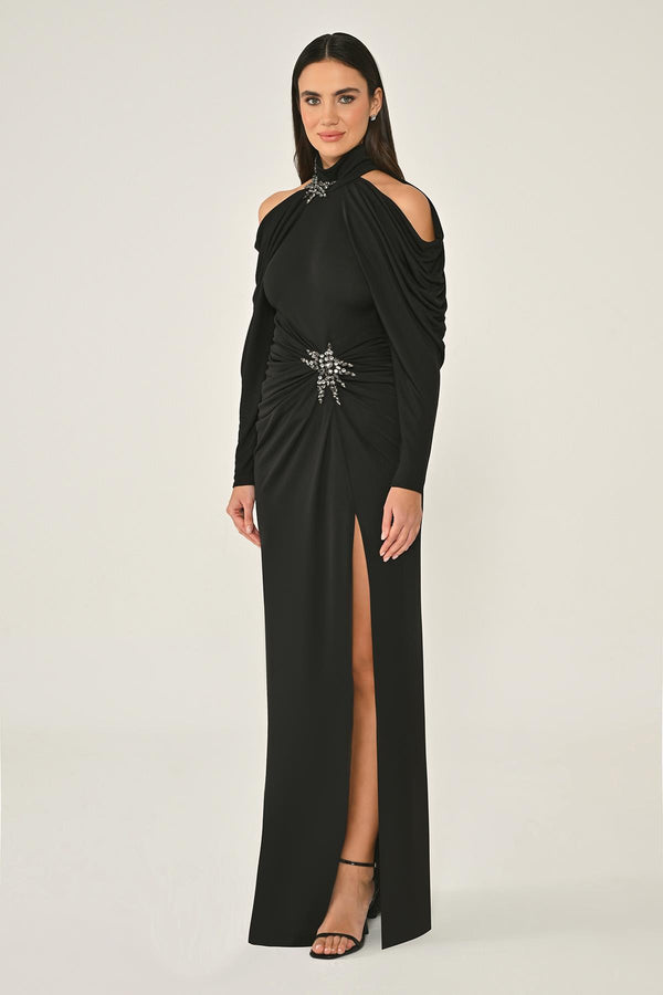 Off-the-Shoulder Neckline and Waist Accessory Crepe Long Dress