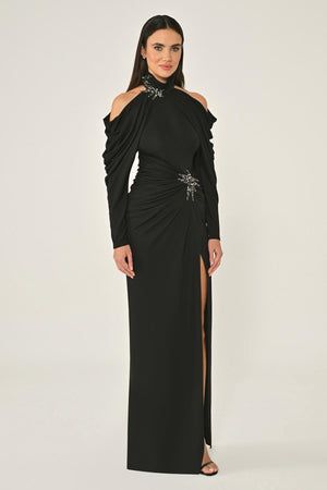 Off-the-Shoulder Neckline and Waist Accessory Crepe Long Dress