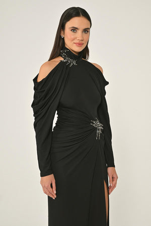 Off-the-Shoulder Neckline and Waist Accessory Crepe Long Dress
