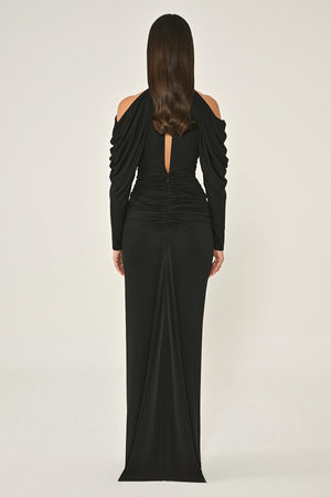 Off-the-Shoulder Neckline and Waist Accessory Crepe Long Dress