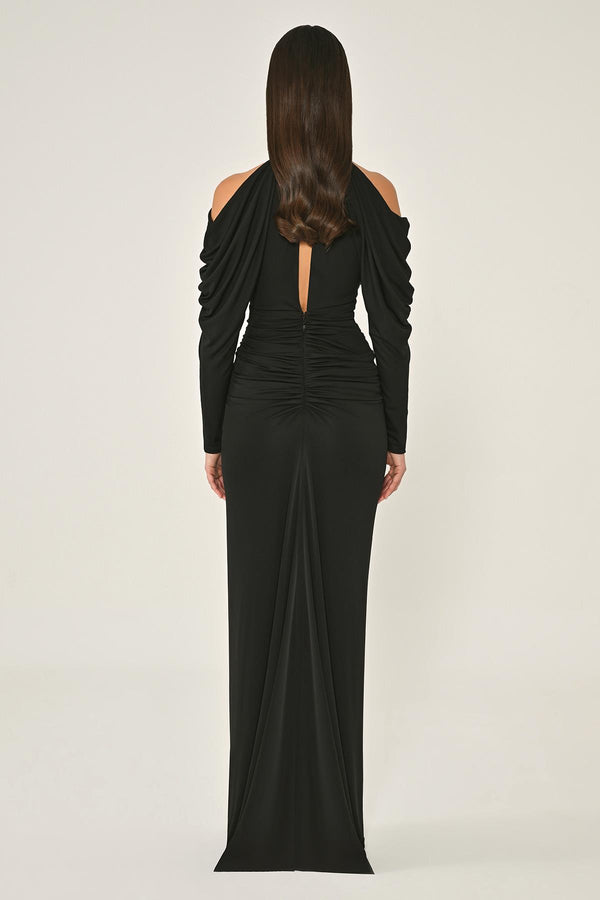 Off-the-Shoulder Neckline and Waist Accessory Crepe Long Dress