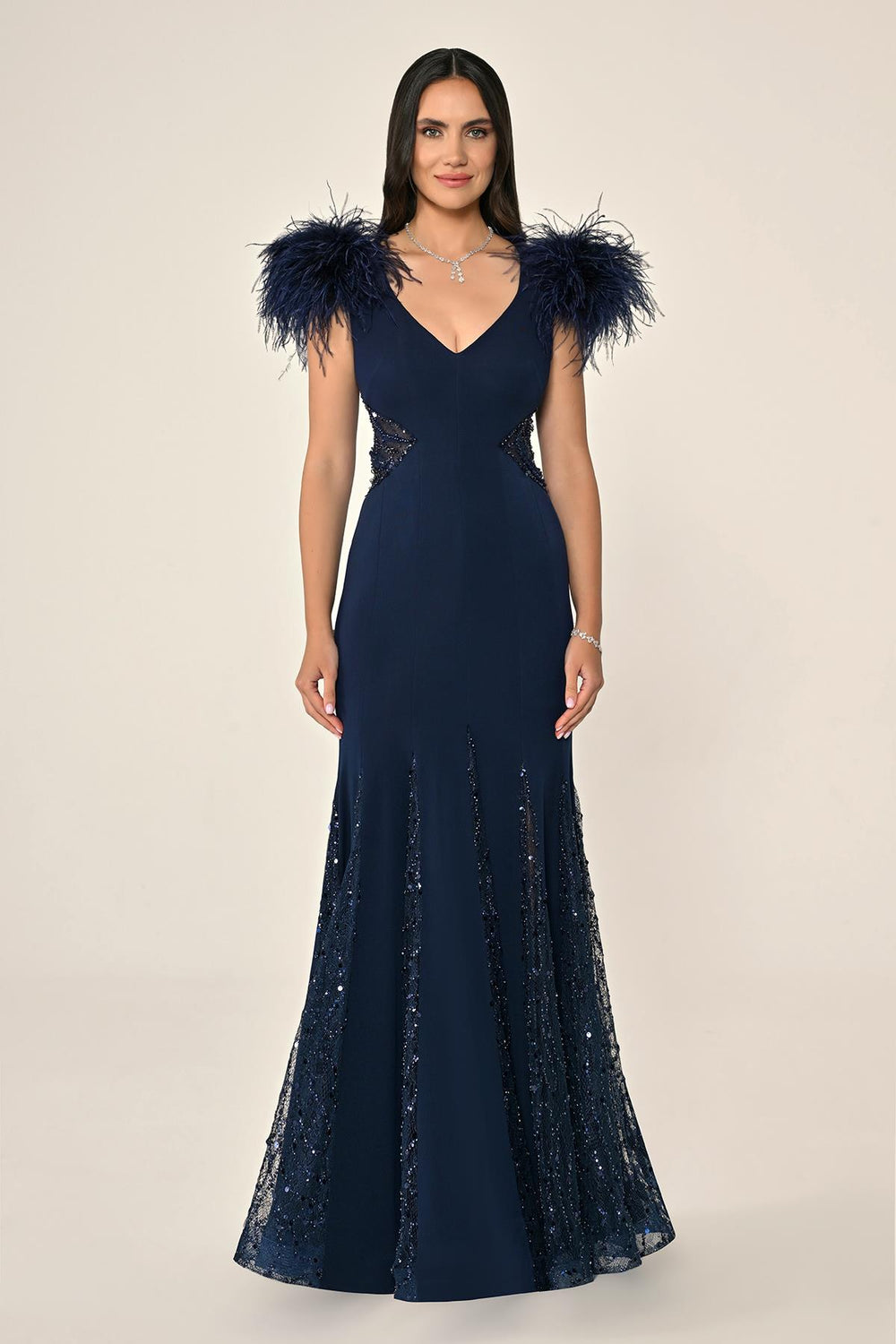 Long Knitted Dress with Ostrich Feather Shoulders and Sequin Waist, Back, and Skirt
