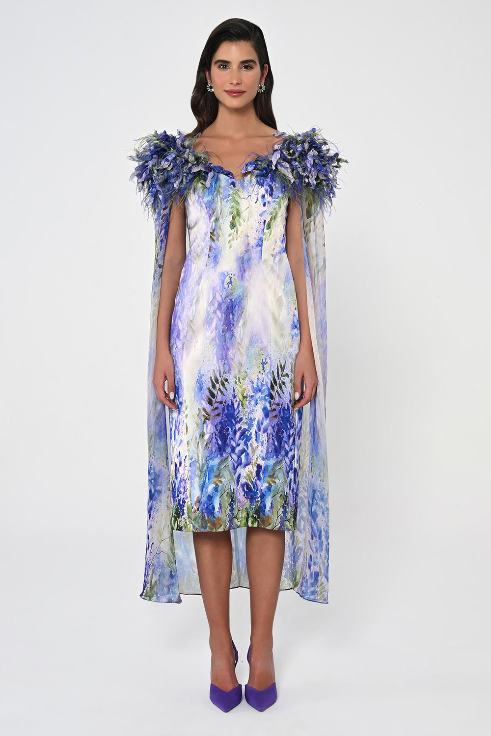 Satin Midi Dress with Feather Trim Chiffon Cape