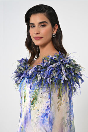 Satin Midi Dress with Feather Trim Chiffon Cape