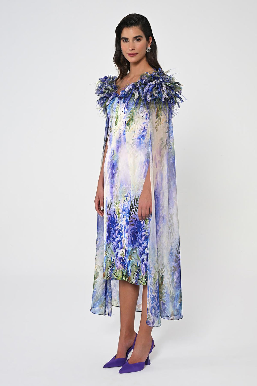 Satin Midi Dress with Feather Trim Chiffon Cape