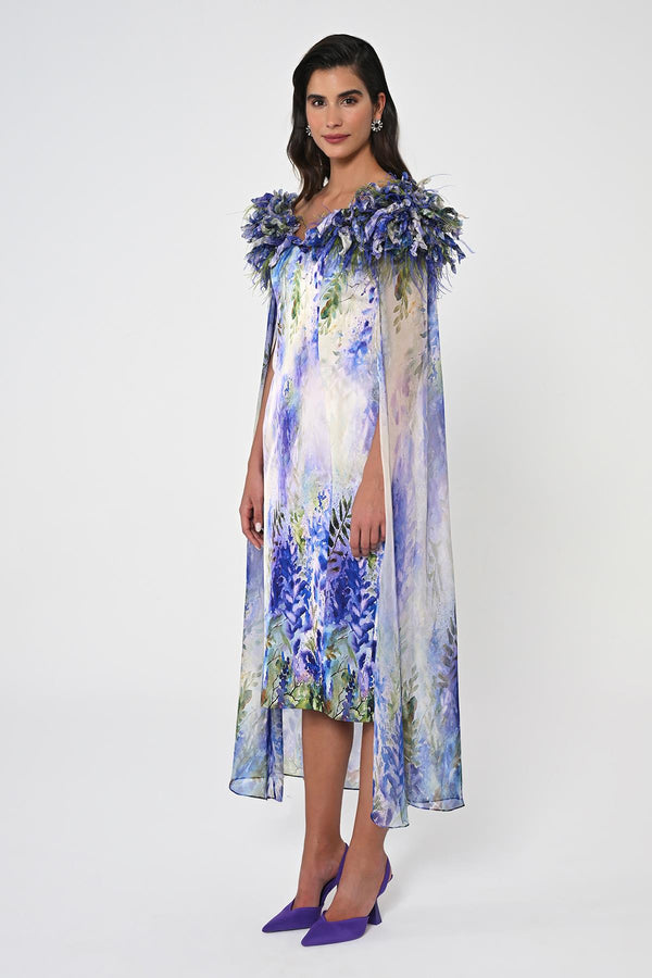 Satin Midi Dress with Feather Trim Chiffon Cape