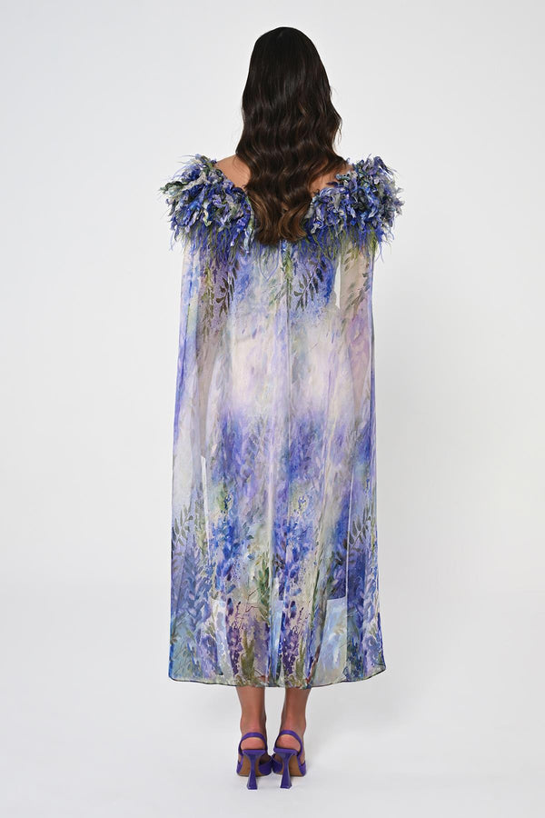 Satin Midi Dress with Feather Trim Chiffon Cape