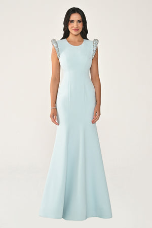 Stone-Embellished Fishtail Crepe Long Dress with Padded Shoulders