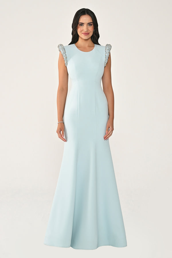Stone-Embellished Fishtail Crepe Long Dress with Padded Shoulders