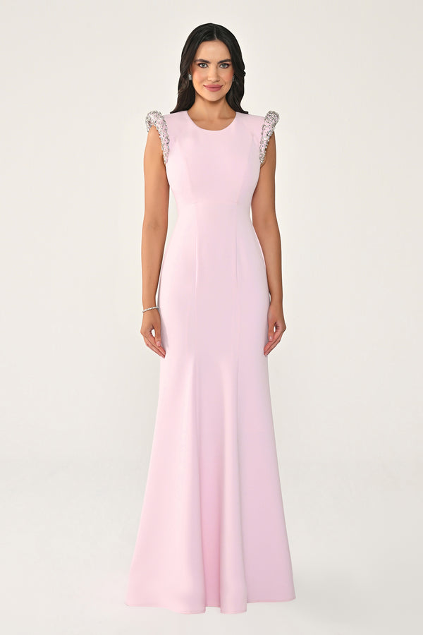 Stone-Embellished Fishtail Crepe Long Dress with Padded Shoulders