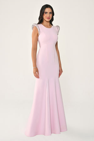 Stone-Embellished Fishtail Crepe Long Dress with Padded Shoulders