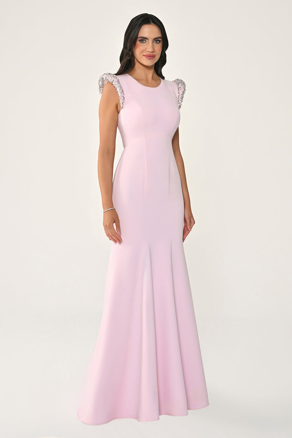 Stone-Embellished Fishtail Crepe Long Dress with Padded Shoulders
