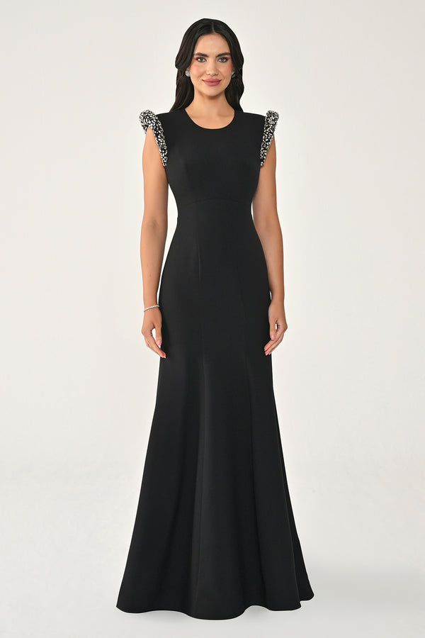 Stone-Embellished Fishtail Crepe Long Dress with Padded Shoulders