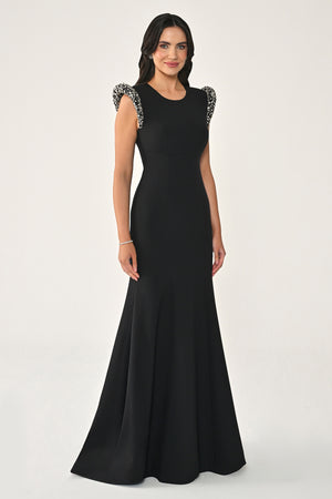 Stone-Embellished Fishtail Crepe Long Dress with Padded Shoulders