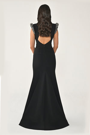 Stone-Embellished Fishtail Crepe Long Dress with Padded Shoulders