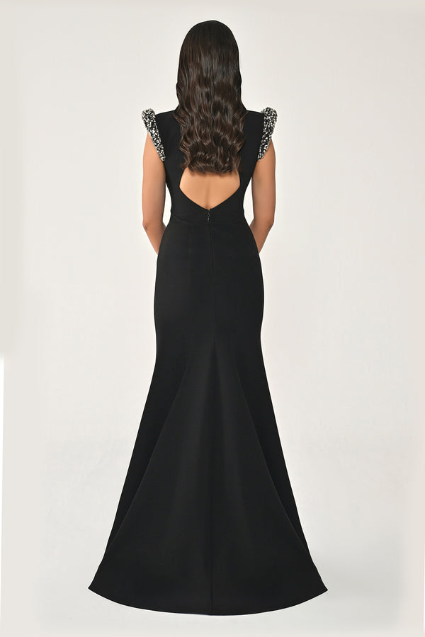 Stone-Embellished Fishtail Crepe Long Dress with Padded Shoulders