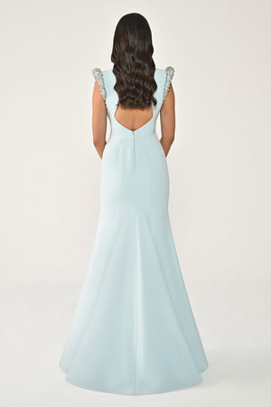 Stone-Embellished Fishtail Crepe Long Dress with Padded Shoulders