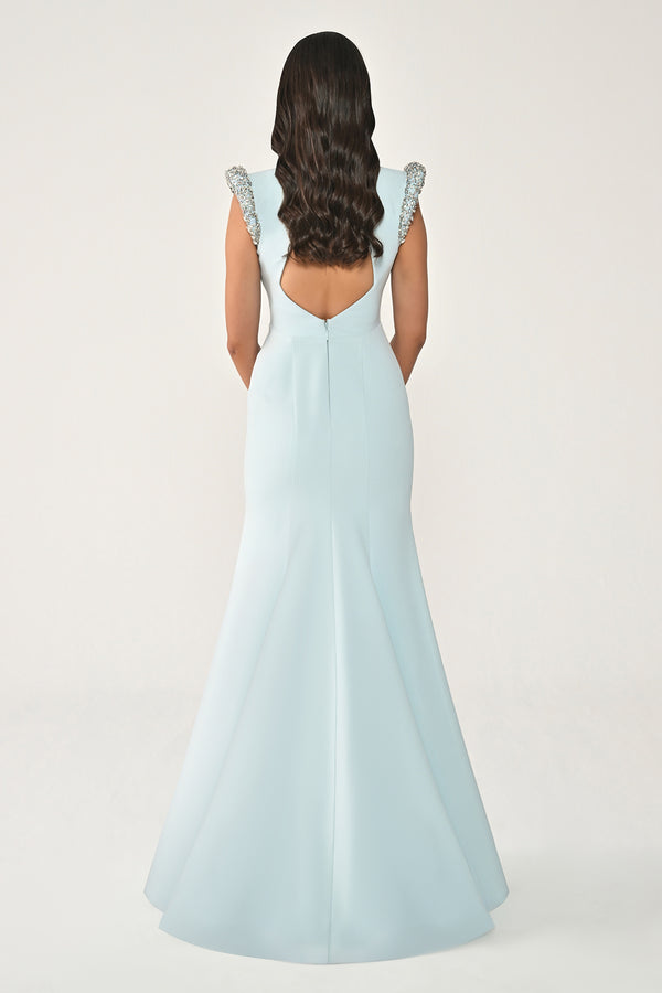 Stone-Embellished Fishtail Crepe Long Dress with Padded Shoulders