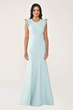 Stone-Embellished Fishtail Crepe Long Dress with Padded Shoulders