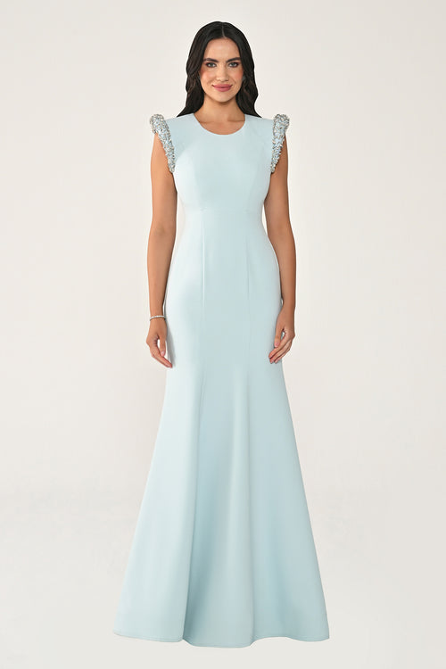 Stone-Embellished Fishtail Crepe Long Dress with Padded Shoulders