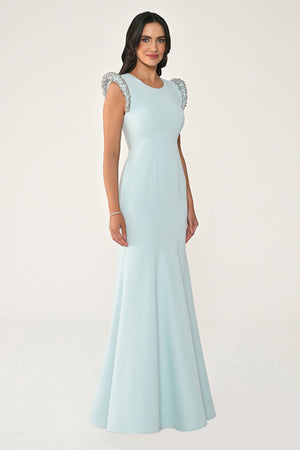 Stone-Embellished Fishtail Crepe Long Dress with Padded Shoulders
